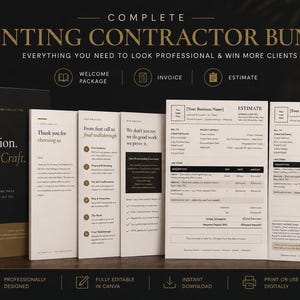 May include: A complete painting contractor bundle featuring a black welcome folder with gold text, alongside several beige printed documents including a welcome package, estimate, and invoice templates with black text for professional business use.