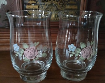 Vintage Pair Libbey Clear 12 oz Tumbler with Pink & Blue Flowers  5.25" Tall -Preowned Used 1970's