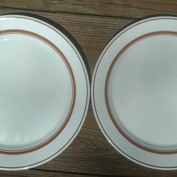 20% Off Pair of Comcor Corning Aurora 10.25" Dinner Plates-Used Condition  White with Caramel Brown/Rust Brown Rings No Chips or Cracks