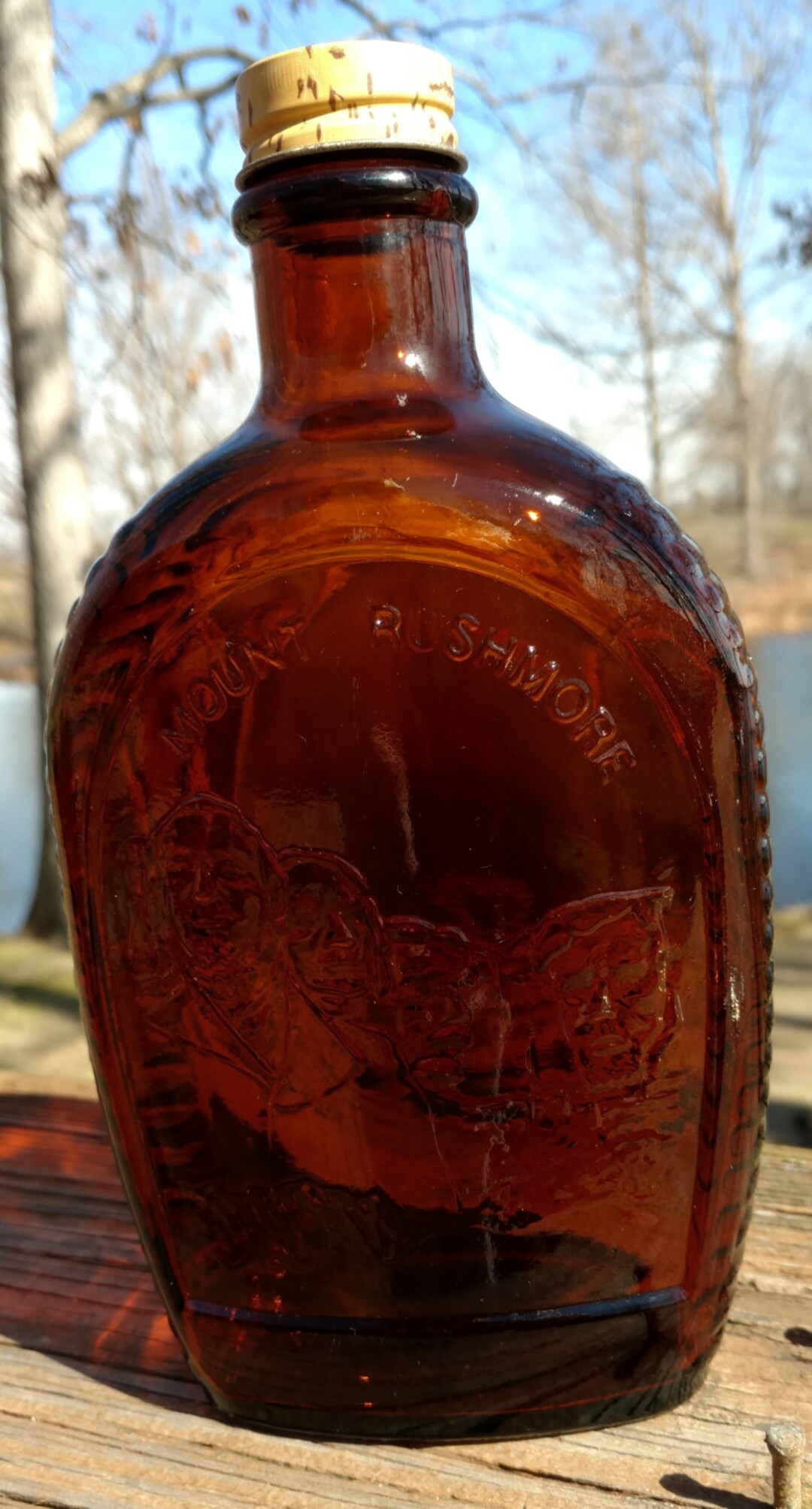 Vintage Log Cabin Syrup Brown Glass Collectors Flask-mount Rushmore - Etsy