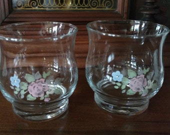 Vintage Pair Libbey Clear 8 oz Tumbler with Pink & Blue Flowers  3.5" Tall -Preowned Used 1970's