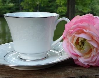 Vintage Cup and Saucer Noritake Ranier Pattern #6909 Discontinued Actual 1969-1996 White on White Platinum Trim-Note Condition