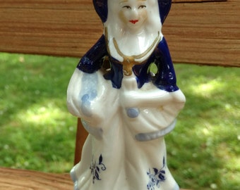 Vintage 6 1/4" Victorian Lady Blue and White Porcelain, Used Preowned