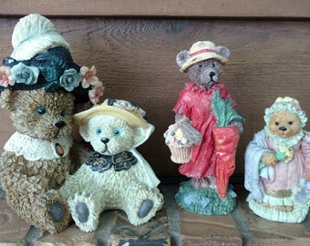 Three Vintage Bear Figurines, One Mother Daughter in Fancy Hats, One Garden Theme, One in Nightgown and Cap All Preowned Used Estate Items