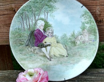 On Sale Vintage 10 1/8" Hand Painted Plate w/Wire Spring Type Wall Hanger -Colonial Couple/Edwardian/Baroque/Victorian/French Cottage