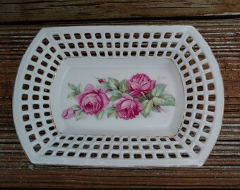 Small Rectangular White Porcelain Dish with Roses. Backstamp Bavaria,  Latttice design 5 3/4" x 4"  Soap or Ring Dish Used/Preowned