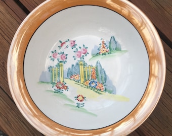 Vintage  9 3/4" Bowl Lusterware Made in Japan with Fence/Floral Motif -Mid-Century Pre-owned Used