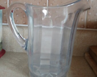 Vintage Heavy Glass Pitcher 8" at tallest point, 7" tall at lowest point-Cloudy, Scratched Aged Patina 48 Fl. Oz or 6 Cups Beer/Soda Pitcher