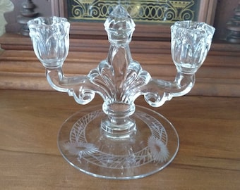 Vintage Double Candlestick with Etched Flowers 5" Tall -Clear Glass - Round Base Elegant-Special Occasions-Wedding-Anniversary