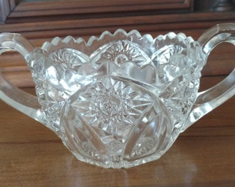 Vintage Pressed Glass Open Sugar Bowl with Handles-Sawtooth, Hobstar Thick Pressed Molded Glass