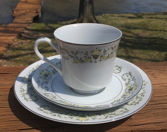 Sterling Fine China Florentine Pattern One Tea Cup, One-5 7/8" Saucer Plate, One 7 1/2" Dessert Plate Made in Japan Vintage/Preowned/Used
