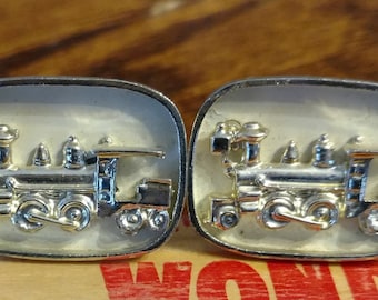Vintage Train/Locomotive Cufflinks White and Silvertone-Large Rectangular Used Preowned Estate