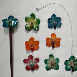 resin preserved orchid necklaces with sterling silver chain or pendants only variety of colors