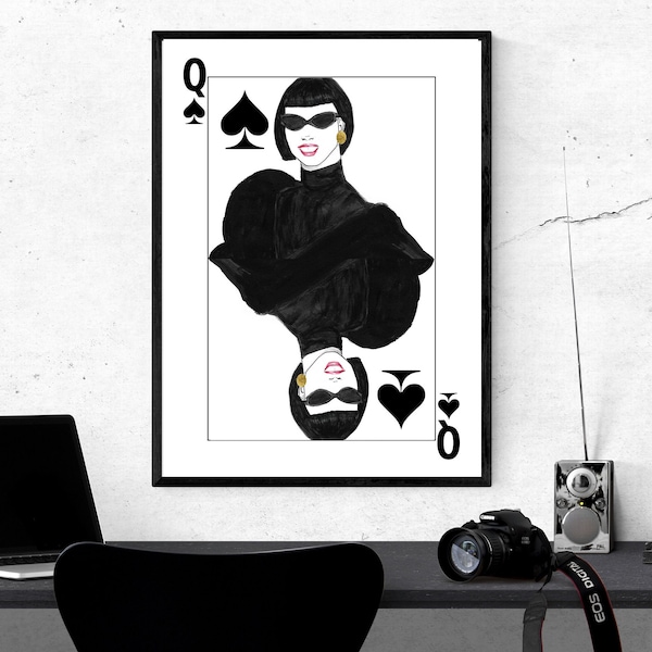 Queen of spades print Modern playing card art, Trendy retro Black and white fashion illustration, Printable Preppy wall art