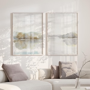 Neutral abstract landscape watercolor diptych, Printable modern minimalist abstract wall art set of 2, Minimal beige and gray gallery prints