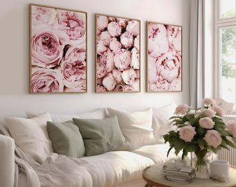 Pink peony wall art set of 3, Printable peony wall art, Flowers prints set 3, Peonies wall art, Floral wall art, pink flowers wall art print