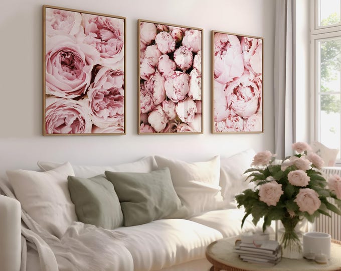 Pink Peony Wall Art Set of 3, Printable Peony Wall Art, Flowers Prints ...