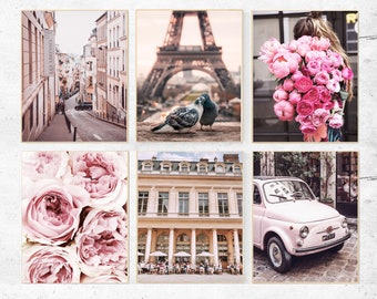 Paris prints, Blush pink  Paris set 6, Printable Paris photography prints, Set of 6 Paris prints, Pink wall art set, Paris architecture