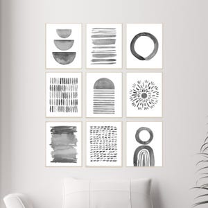 Gray watercolor abstract wall art set of 9 prints, Black and white abstract wall art set, Minimalist abstract prints, Modern wall art set