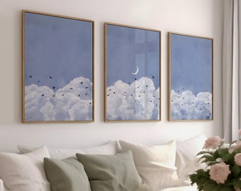 青い水彩画の雲の寝室用ウォールアート3枚セット、ベッド上の装飾、水彩画の雲のプリントアート