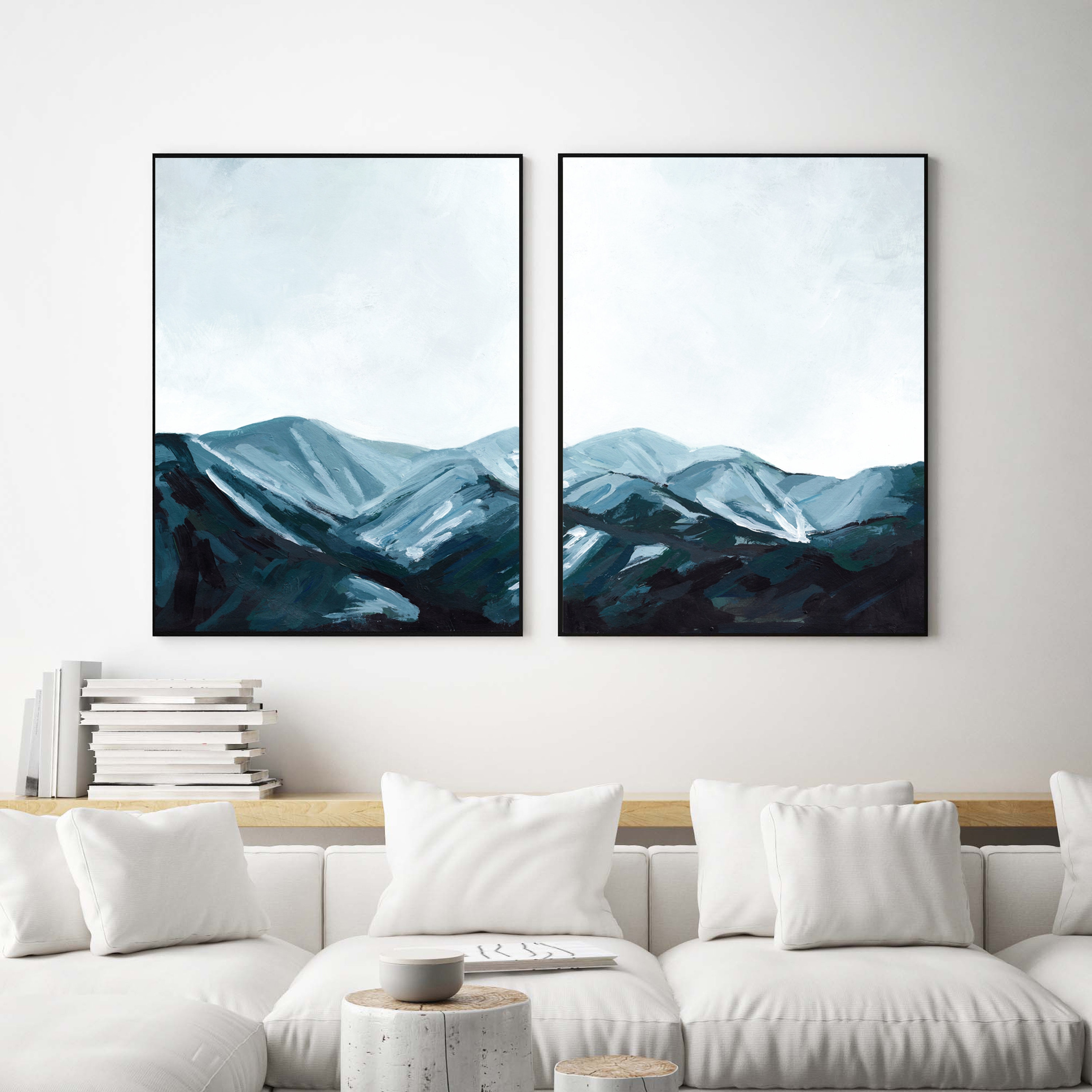 Blue mountains wall art prints Blue abstract wall art set of Etsy