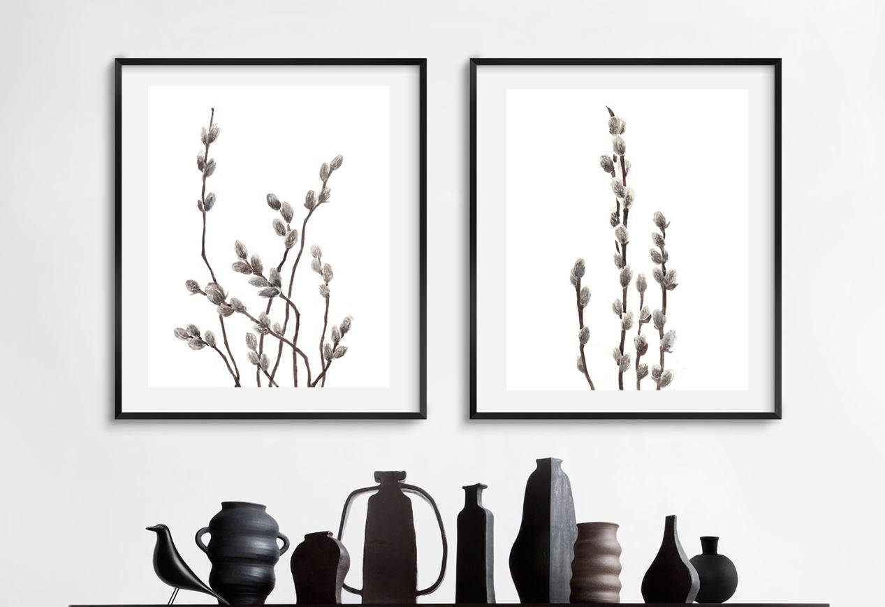 Printable Gray Wall Art Set Watercolor Pussywillow Etsy