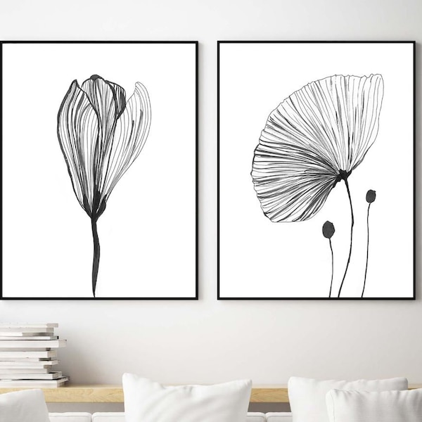 Black and white prints set, ink drawing prints, minimalist flowers, ink drawing flowers, minimalist ink drawing, flowers wall art set of 2