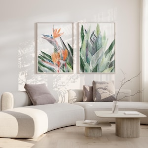 Printable tropical wall art, Printable tropical flowers wall set of 2, watercolor palm wall art set of 2, set of 2 tropical watercolor art