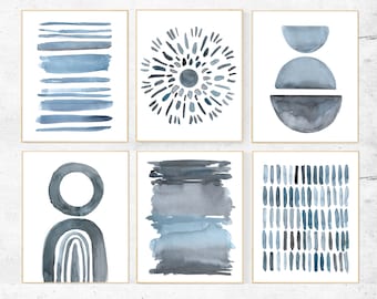 Abstract wall art set of 6, blue watercolor abstract prints, modern gallery wall art prints, blue gray abstract print set of 6