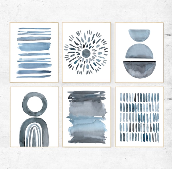 Conjunto de 6 arte de parede abstrata, impressões abstratas em aquarela azul, impressões de arte de parede de galeria moderna, conjunto de 6 impressões abstratas em azul e cinza