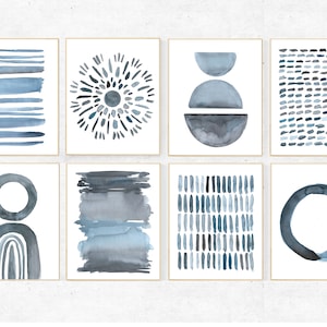 Blue Abstract gallery wall prints, Printable set of 8 blue watercolor abstract prints, modern wall art, blue gray abstract print set of 8