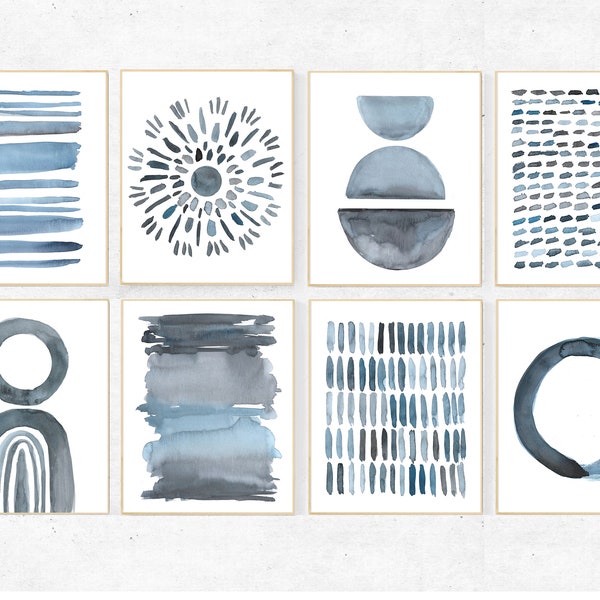 Blue Abstract gallery wall prints, Printable set of 8 blue watercolor abstract prints, modern wall art, blue gray abstract print set of 8