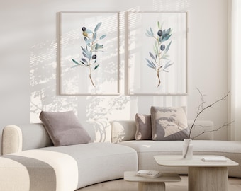 Watercolor olive branches wall art print, Kitchen botanical watercolor wall art, Olive branch prints, Mediterranean wall art set