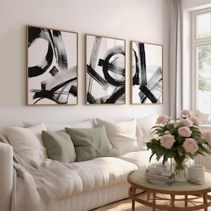 Printable black and white abstract wall art set, Black and white abstract prints, Modern wall art set, Set of 3 Abstract ink prints