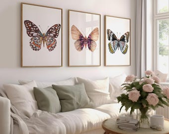Butterfly wall art set of 3 printable watercolor paintings, Downloadable watercolor butterfly trendy wall art decor, Girl room decor art