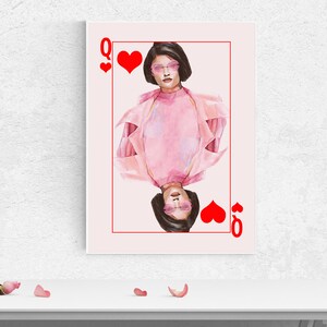 Pink Queen of hearts print trendy pink preppy wall art decor, Playing cards queen of hearts wall art, Instant download pink fashion art