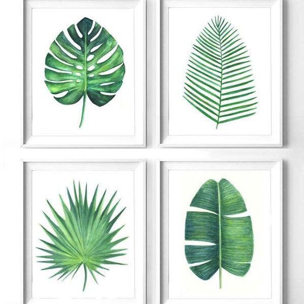 Set of 4 green leaves botanical print, Printable monstera leaf, banana leaf print, areca palm print, watercolor palm green leaves art print