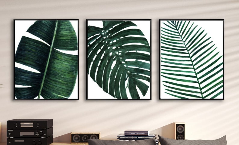 Set of 3 prints watercolor leaves set, palm leaves prints printable palm leaves Printable wall art set palm prints set Palm prints