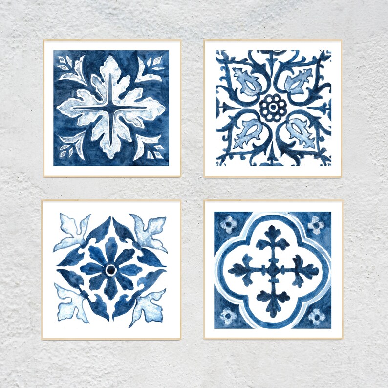 Blue Tiles Wall Art Watercolor Tiles Prints Spanish Tiles Etsy