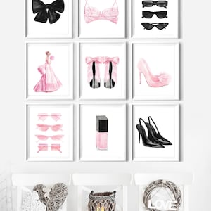 Conjunto de arte de pared de moda en rosa ruborizado y negro, impresiones de moda de lujo para vestidor, conjunto de 9 obras de arte de pared de moda en acuarela para cuarto de maquillaje
