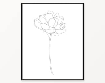 Peony line drawing, minimalist flowers print, peony print, flower line drawing, black and white flower drawing, minimalist art, modern art