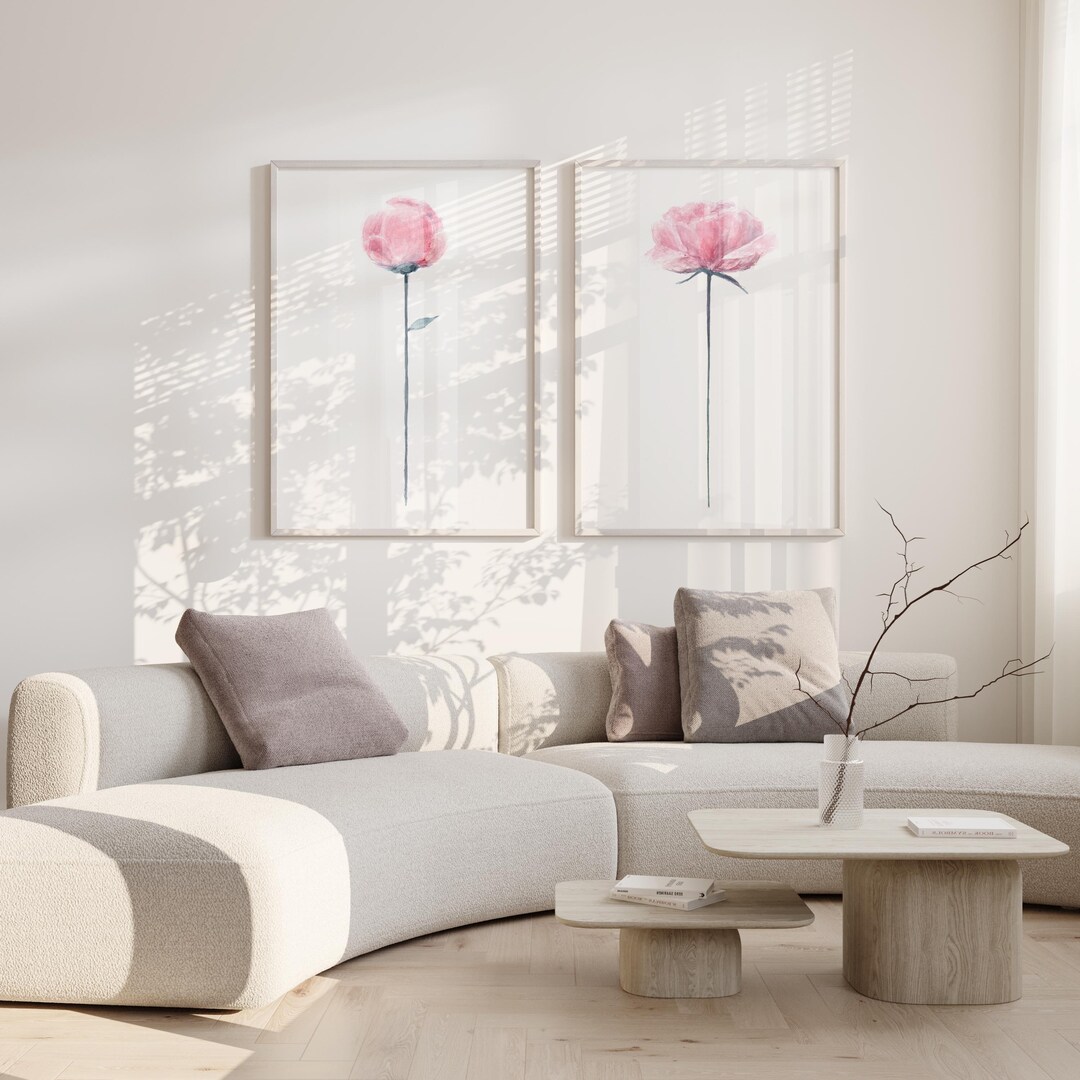 Peonies Wall Art Set, Pink Peonies Wall Art Set of 2, Peony Watercolor ...