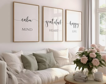 Minimalist bedroom wall art, Happy mind print, Inspirational quotes wall art, Printable Bedroom quotes set of 3, Printable calm mint print