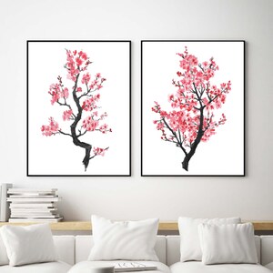 Printable watercolor Cherry blossom setsakura wall art set of 2 prints