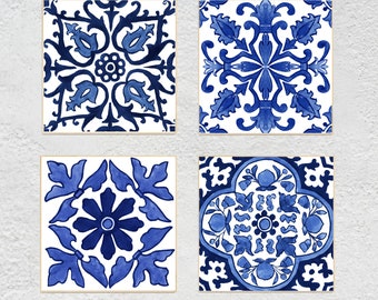 Blue Tiles wall art, Watercolor Tiles prints, Spanish Tiles wall set of 4, Mediterranean wall art, Blue Tiles print, Square kitchen prints