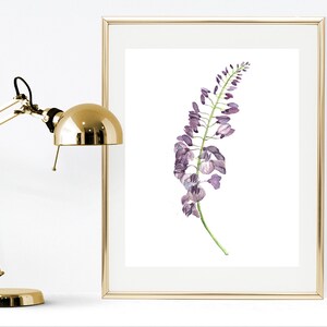 以下が含まれることがあります： 緑の葉がついた紫色の藤の花の茎の水彩画イラストが描かれた額入りアートプリント。細いゴールドのフレームに入れられ、丸みを帯びたシェードと調節可能なアームを備えたゴールドカラーの金属製デスクランプの隣に配置されています。