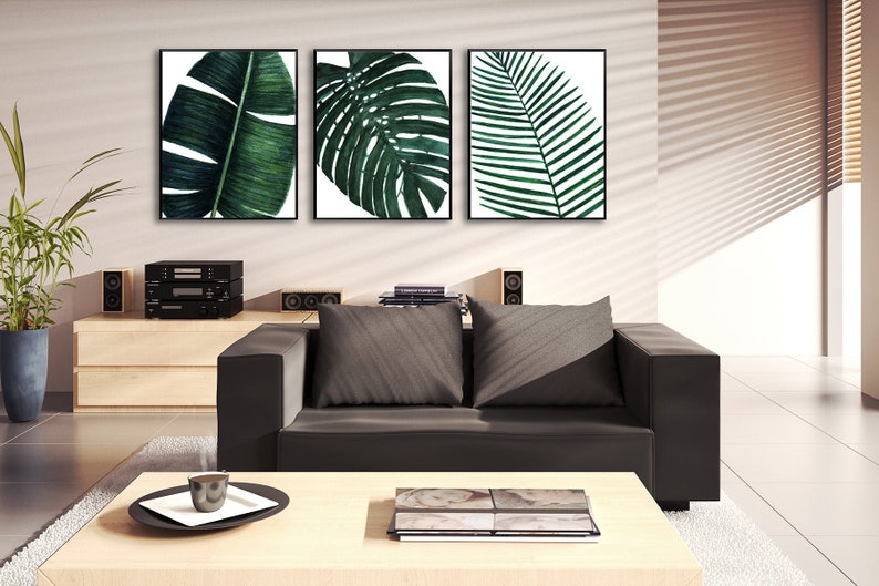 Set of 3 prints watercolor leaves set, palm leaves prints printable palm leaves Printable wall art set palm prints set Palm prints