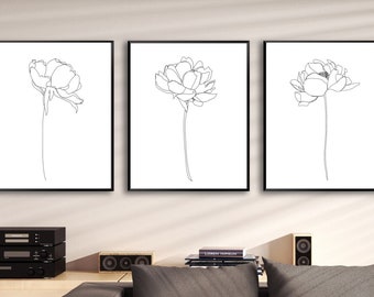 Black and white flowers drawing, Printable black and white flowers set of 3, black and white minimalist line drawing, minimalist wall art