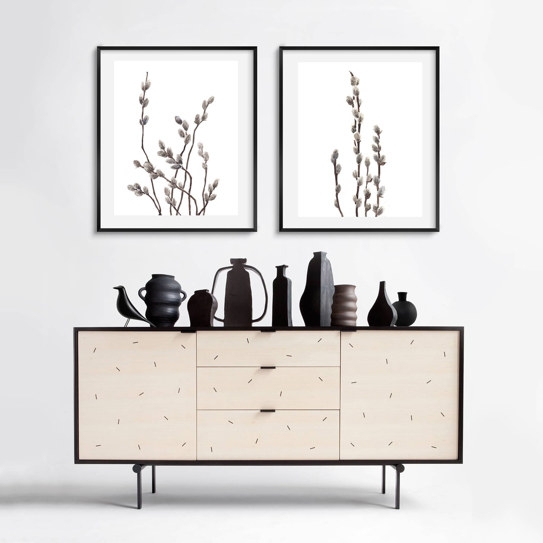 Printable Gray Wall Art Set Watercolor Pussywillow Etsy