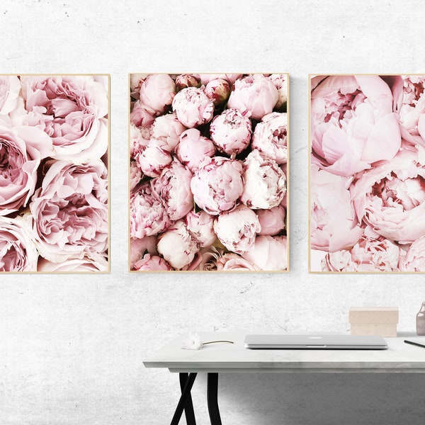 Pink peony wall art set of 3, Printable peony wall art, Flowers prints set 3, Peonies wall art, Floral wall art, pink flowers wall art print
